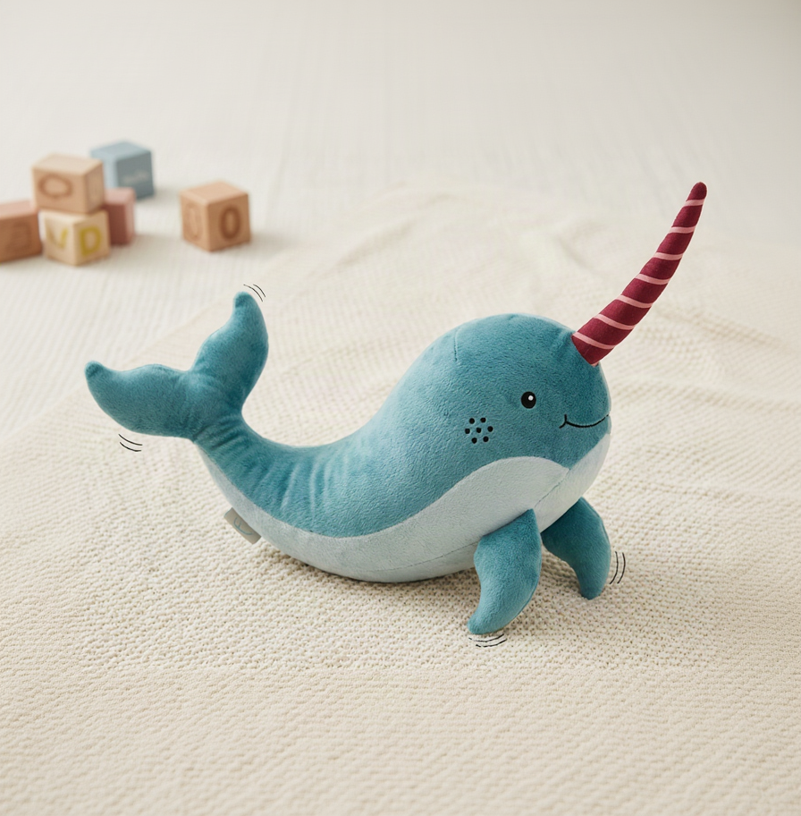 A plush narwhal toy in light blue and white with a pink striped horn. From Jules McCullough, author and illustrator of Nelly and the Night Sky.